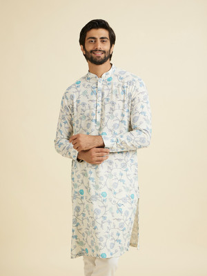 MANYAVAR Men Printed Straight Kurta(Light Blue, White)