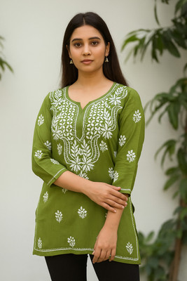 Kuber Creations Women Chikan Embroidery, Solid Straight Kurta(Dark Green)