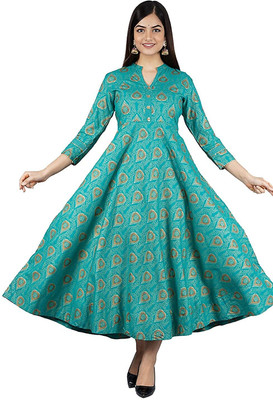 GITAFABRICS Women Kalamkari, Printed, Embellished Anarkali Kurta(Green)