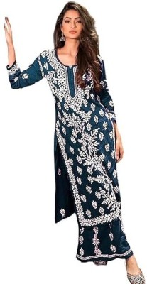 VORIMA Women Chikan Embroidery Straight Kurta(Light Blue)