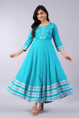 Well style Women Printed Anarkali Kurta(Light Blue)