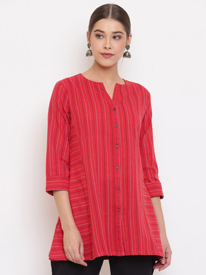 Janasya Women Striped A-line Kurta(Red)