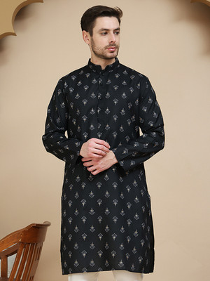 Anouk Rustic Men Printed Straight Kurta(Black)