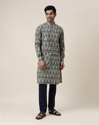 Fabindia Men Printed Straight Kurta(Blue)