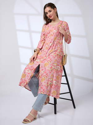 Globus Women Floral Print A-line Kurta(Pink)
