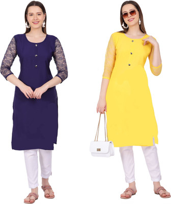 Good Straders Women Solid Straight Kurta(Yellow, Black)