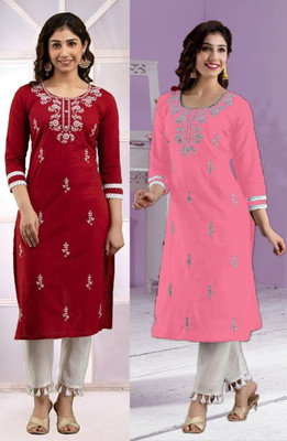 vikshi Women Chikan Embroidery Straight Kurta(Multicolor)