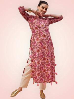 PRAYAARI FASHIONS Women Self Design Straight Kurta(Pink)