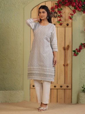 Span Women Printed Straight Kurta(White)