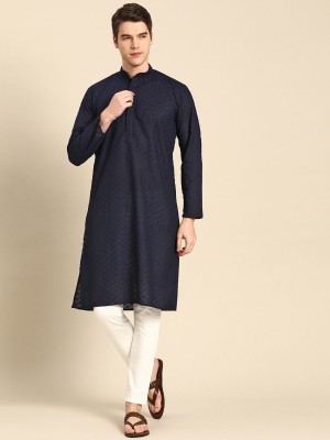 Rajubhai Hargovindas Men Embroidered Straight Kurta(Dark Blue)