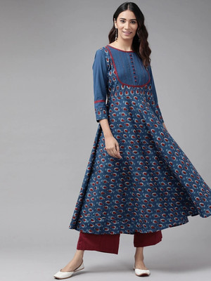 Yash Gallery Women Printed Anarkali Kurta(Blue)