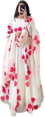 PRISTINO Women Floral Print Flared Kurta(White, Red)