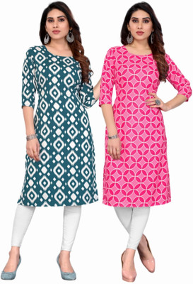 MDR FASHION Women Printed Straight Kurta(Pink, White, Dark Blue)