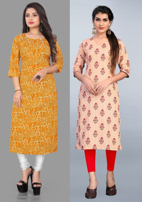 maruti fab Women Printed Straight Kurta(Red, Yellow)