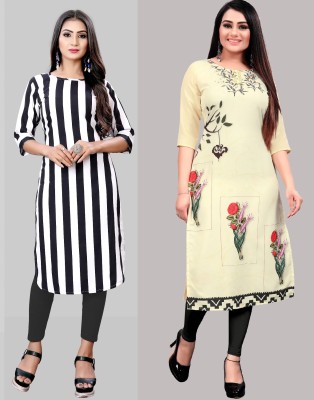 Modli 20 Fashion Women Floral Print Straight Kurta(Beige, White)