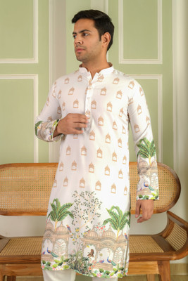 LEMONX Men Printed Straight Kurta(White)