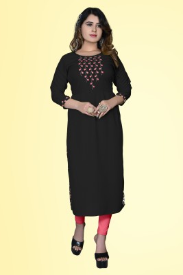 HAYA FASHION Women Embroidered Straight Kurta(Black)