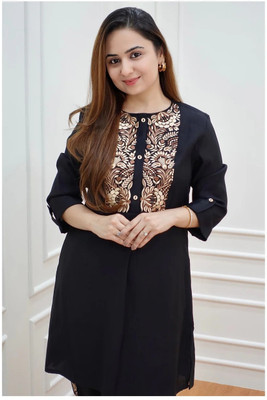 Shivkurti Women Embroidered Straight Kurta(Black)