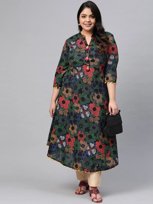 Yash Gallery Women Printed Anarkali Kurta(Black)