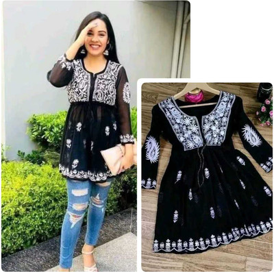ATOZENTERPRISE Women Embroidered, Chikan Embroidery Anarkali Kurta(Black)