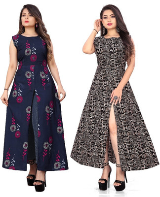 tanvi creation Women Floral Print Frontslit Kurta(Black)