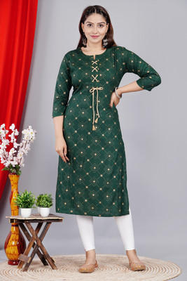 Chavar Women Floral Print Straight Kurta(Dark Green)