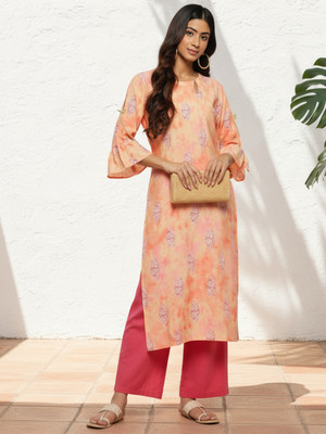LIBAS Women Printed Straight Kurta(Orange, Pink)