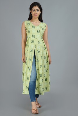 Jollity Women Printed Frontslit Kurta(Light Green, Black, White)