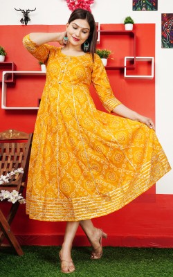 Sanganer Export Women Printed Anarkali Kurta(Yellow)