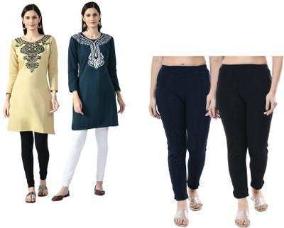 IndiWeaves Women Printed Straight Kurta(Beige, Dark Blue)