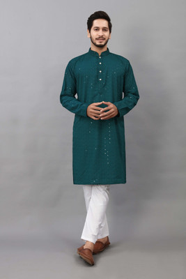 ALMORA Men Embroidered A-line Kurta(Green)