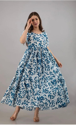Malia Fashion Women Printed Anarkali Kurta(Blue, White)