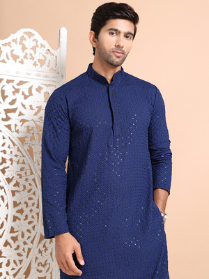 ANOUK Men Embroidered Straight Kurta(Blue)