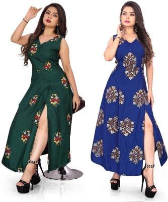 tanvi creation Women Printed Frontslit Kurta(Green)