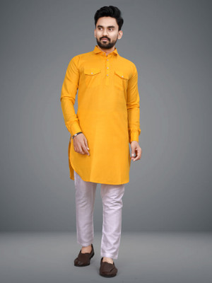 Lyolo Men Self Design Pathani Kurta(Yellow)