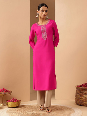 Janasya Women Embroidered Straight Kurta(Pink)