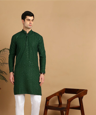 FUBAR Men Chikan Embroidery Straight Kurta(Dark Green)