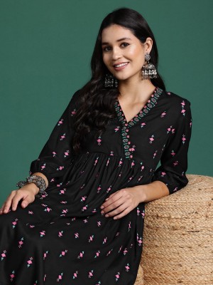 Sangria Women Printed A-line Kurta(Black)