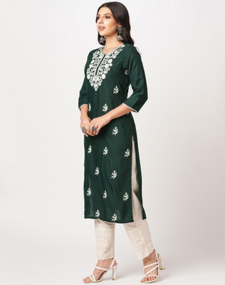 Anmi Chikan Embroidery Women Straight Kurta(Dark Green)