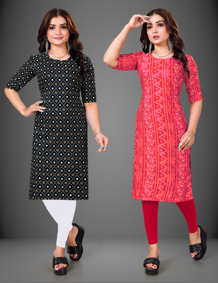 MOBHISA Women Printed Straight Kurta(Pink)