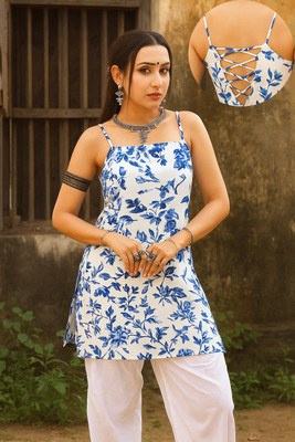 CLANGER Women Floral Print Straight Kurta(Light Blue)