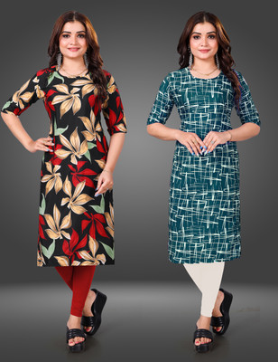 MOBHISA Women Printed Straight Kurta(Light Blue)