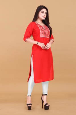 AKK Enterprise Women Embroidered A-line Kurta(Red)