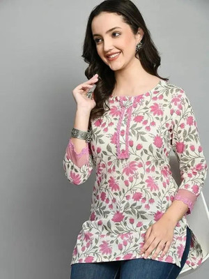 KURTIES Women Floral Print Straight Kurta(White, Pink)