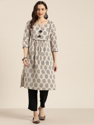 HERE&NOW Women Block Print A-line Kurta(Beige)