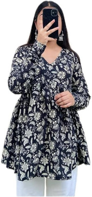 RITU FASHION Women Floral Print Flared Kurta(Black)