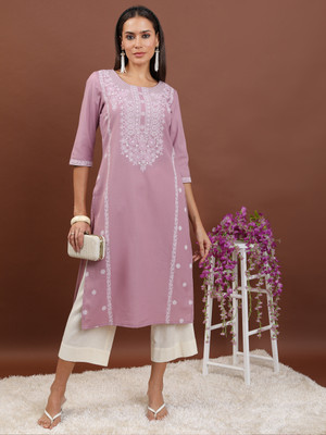 KETCH Women Embroidered Straight Kurta(Purple)