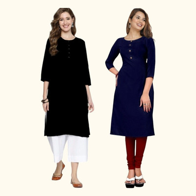 Good Straders Women Solid Straight Kurta(Black, Blue)