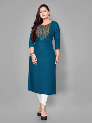Zolo Creation Women Embroidered Straight Kurta(Blue)