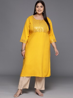 EXTRA LOVE BY LIBAS Women Embellished Straight Kurta(Yellow)